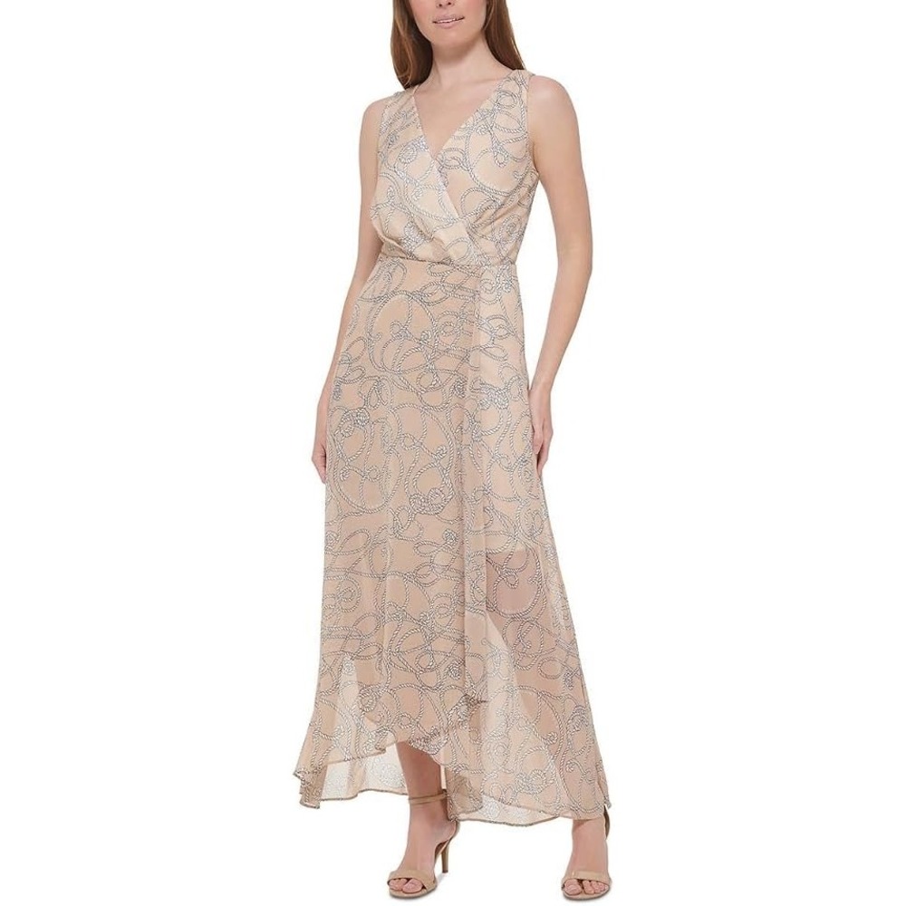 Tommy Hilfiger Tan Rope Print Sleeveless High-Low Maxi Dress Size 12